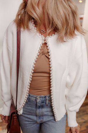 Women’s Delicate White Cardigan with Pearl Details
