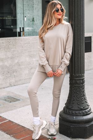 Women's Beige Two Piece Set - Oversized Top and Ribbed Leggings
