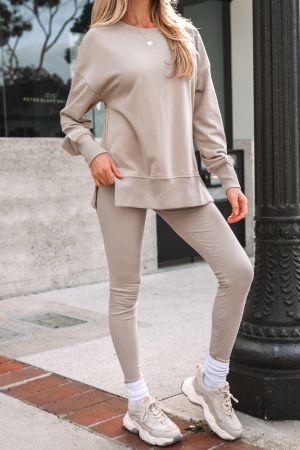 Women's Beige Two Piece Set - Oversized Top and Ribbed Leggings