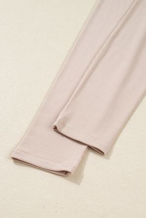 Women's Beige Two Piece Set - Oversized Top and Ribbed Leggings