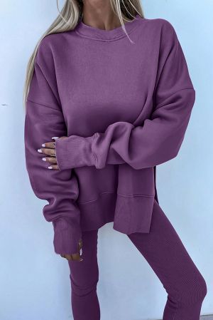 Women's Purple Two Piece Set - Oversized Top and Ribbed Leggings