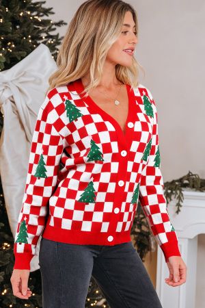 Women’s Christmas Cardigan in Red and White with Tree Pattern