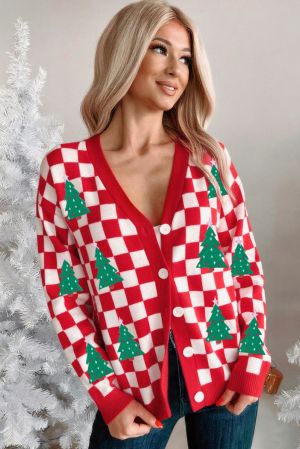 Women’s Christmas Cardigan in Red and White with Tree Pattern