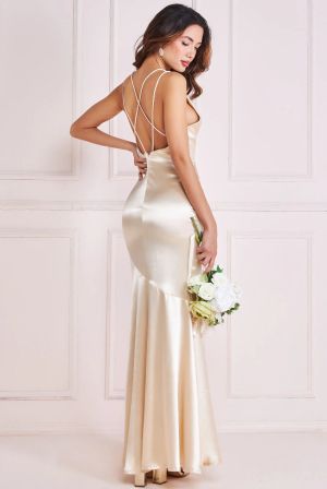 Women's Champagne Satin Maxi Dress GODDIVA with Cowl Neck and Strappy Back – Formal Evening Gown
