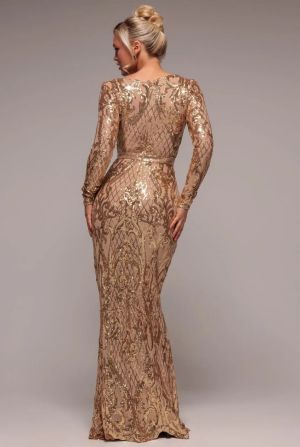 Women's Gold Sequin Square Neck Long Sleeve Maxi Dress GODDIVA