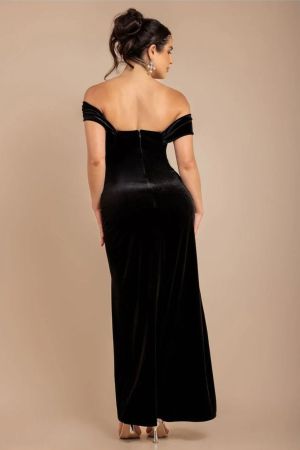 Women's Black Velvet Corset Maxi Dress with Draped Shoulders GODDIVA