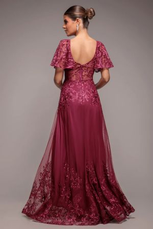 Women's Burgundy Lace Embroidered A Line Maxi Dress with Flutter Sleeves GODDIVA