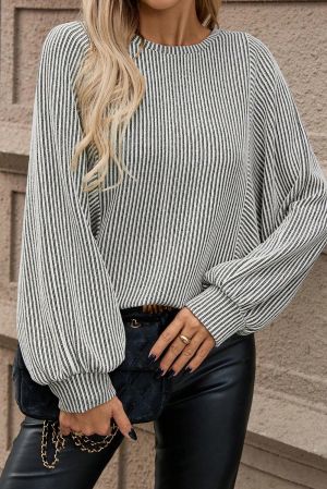 Women's Striped Blouse with Wide Sleeves and Relaxed Fit