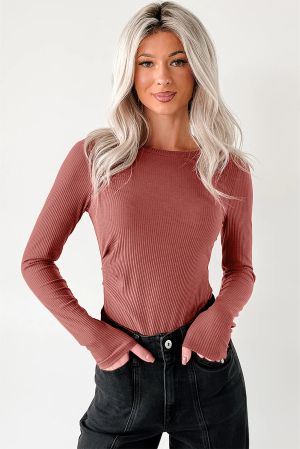 Women’s Rose Brown Ribbed Long Sleeve Bodysuit