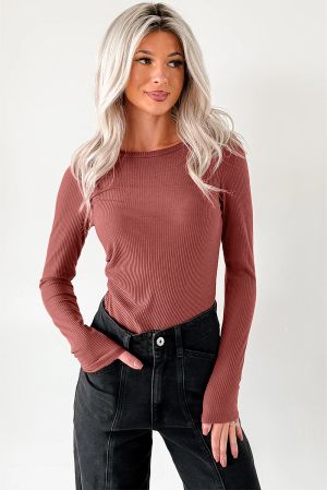 Women’s Rose Brown Ribbed Long Sleeve Bodysuit