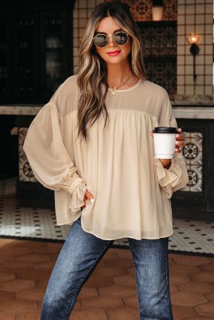 Women’s Beige Flowy Blouse with Loose Fit and Long Sleeves