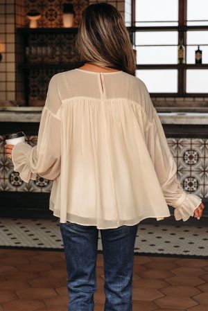 Women’s Beige Flowy Blouse with Loose Fit and Long Sleeves