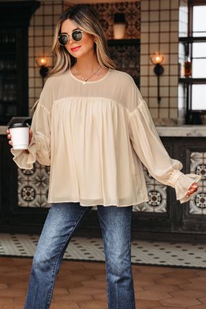Women’s Beige Flowy Blouse with Loose Fit and Long Sleeves