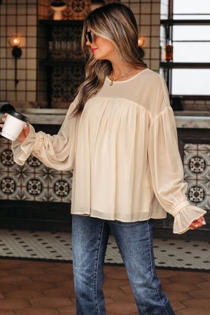 Women’s Beige Flowy Blouse with Loose Fit and Long Sleeves