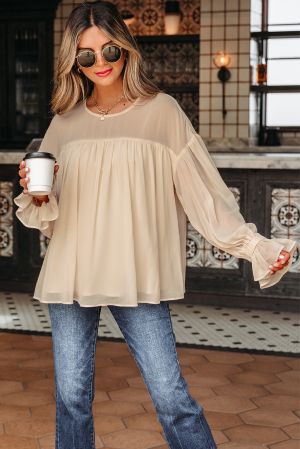 Women’s Beige Flowy Blouse with Loose Fit and Long Sleeves