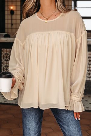 Women’s Beige Flowy Blouse with Loose Fit and Long Sleeves