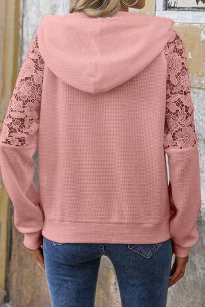 Women's Pink Hoodie with Floral Lace Details