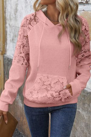 Women's Pink Hoodie with Floral Lace Details
