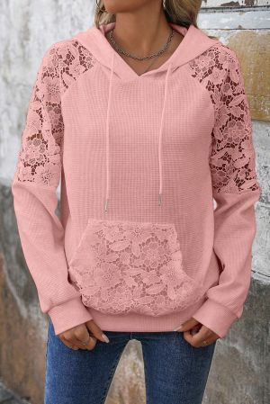 Women's Pink Hoodie with Floral Lace Details
