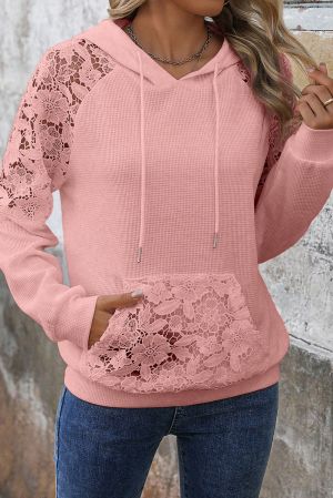 Women's Pink Hoodie with Floral Lace Details