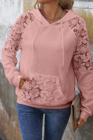 Women's Pink Hoodie with Floral Lace Details