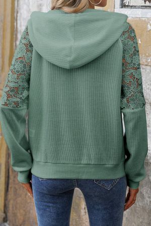 Women's Green Hoodie with Floral Lace Details