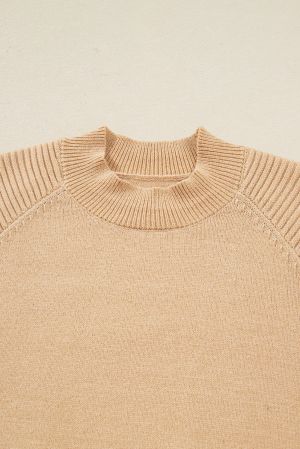 Дамски бежов плетен комплект - пуловер с висока яка и мини пола