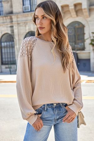 Women's Beige Lace Long Sleeve Textured Pullover