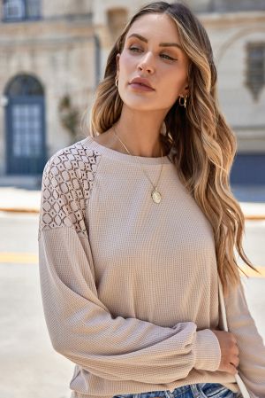 Women's Beige Lace Long Sleeve Textured Pullover