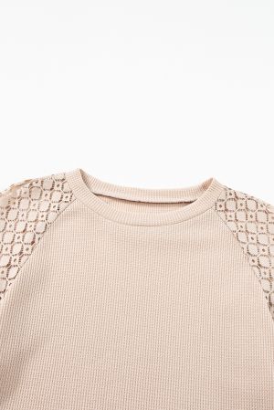 Women's Beige Lace Long Sleeve Textured Pullover
