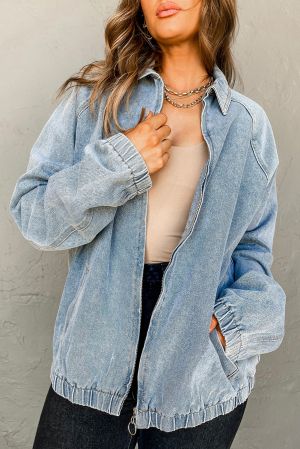 Women's Boyfriend Style Blue Denim Jacket with Multi Pockets and Side Tie Details