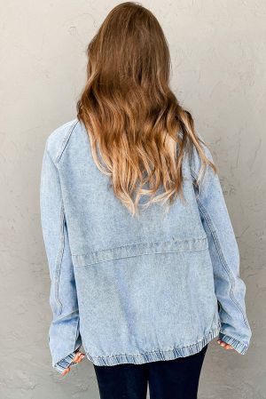 Women's Boyfriend Style Blue Denim Jacket with Multi Pockets and Side Tie Details