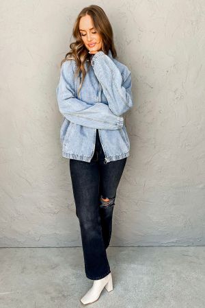 Women's Boyfriend Style Blue Denim Jacket with Multi Pockets and Side Tie Details