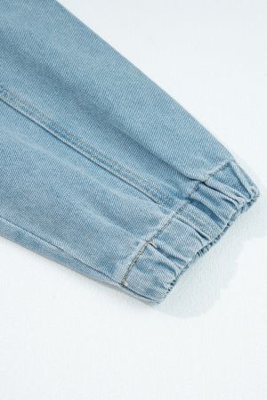 Women's Boyfriend Style Blue Denim Jacket with Multi Pockets and Side Tie Details