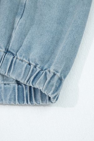 Women's Boyfriend Style Blue Denim Jacket with Multi Pockets and Side Tie Details