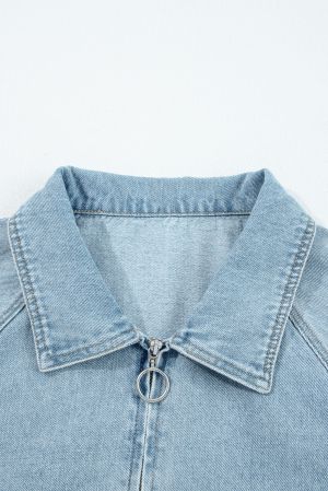 Women's Boyfriend Style Blue Denim Jacket with Multi Pockets and Side Tie Details