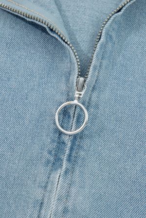 Women's Boyfriend Style Blue Denim Jacket with Multi Pockets and Side Tie Details