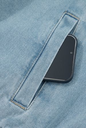 Women's Boyfriend Style Blue Denim Jacket with Multi Pockets and Side Tie Details