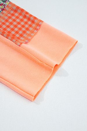 Дамски оранжев суичър с качулка, джоб и флорални мотиви