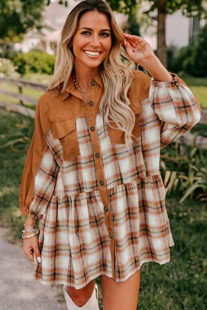 Women’s Plaid Shirt Dress in Warm Brown Tones