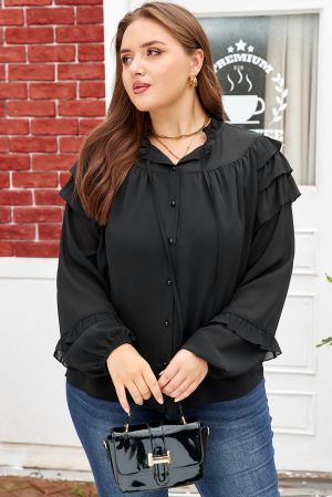 Women’s Black Ruffle Balloon Sleeve Chiffon Elegant Plus Size Shirt