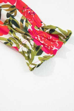 Дамска червена флорална блуза с връзки и разкроени ръкави