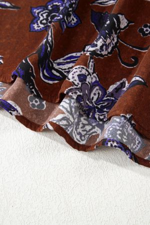 Дамска кафява блуза с есенен флорален принт и ластични маншети