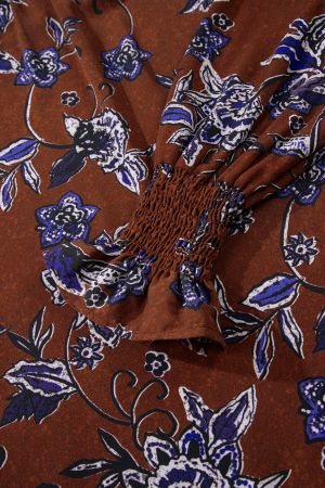 Дамска кафява блуза с есенен флорален принт и ластични маншети