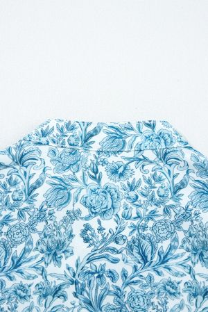 Дамска светлосиня риза с флорален принт и обемни ръкави