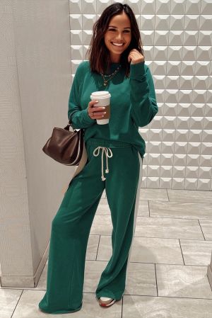 Women's Sea Green Solid Color Pullover Top Varsity Stripe Detail Loose Drawstring Pants Set