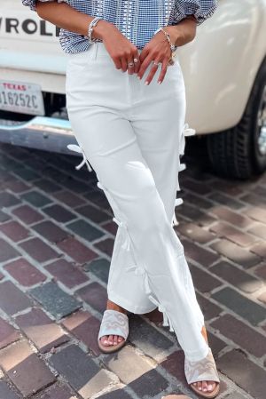 Women’s White Bow Knot Side Detail Straight Leg Loose Jeans