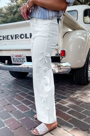Women’s White Bow Knot Side Detail Straight Leg Loose Jeans