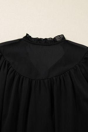 Women’s Black Ruffle Balloon Sleeve Chiffon Elegant Plus Size Shirt
