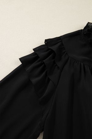 Women’s Black Ruffle Balloon Sleeve Chiffon Elegant Plus Size Shirt